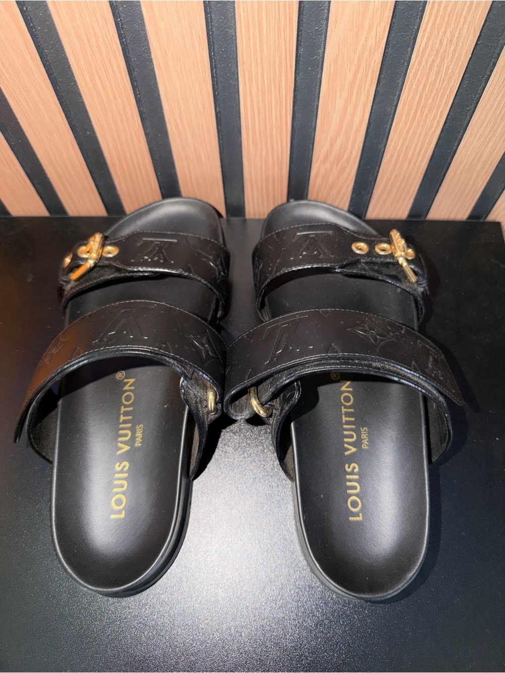 Louis Vuitton Black Embossed Monogram Double-Strap Slide Sandals - Picture 5 of 15